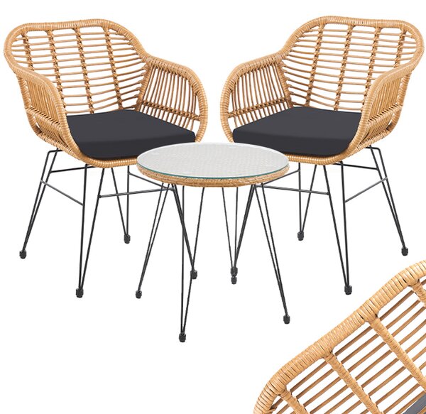 Set Arredo Giardino in Rattan con Tavolino Ripiano in Vetro e 2 Sedie da Esterno