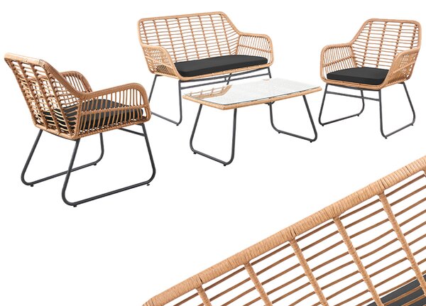 Set Salotto da Giardino Divano 2 Poltrone con Cuscini e Tavolino in Rattan