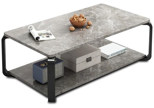 Tavolino Basso da Caffè 2 Ripiani Design Luxury Effetto Marmo Nero e Grigio Chiaro