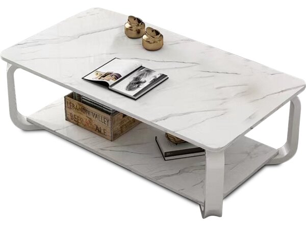 Tavolino Basso da Caffè 100x48x43 cm 2 Livelli Design Luxury Effetto Marmo Bianco