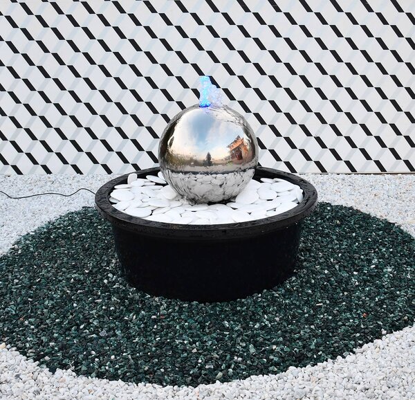 Sfera Cascata Artificiale da Giardino con LED Ø30 cm in Acciaio Inox con Pompa