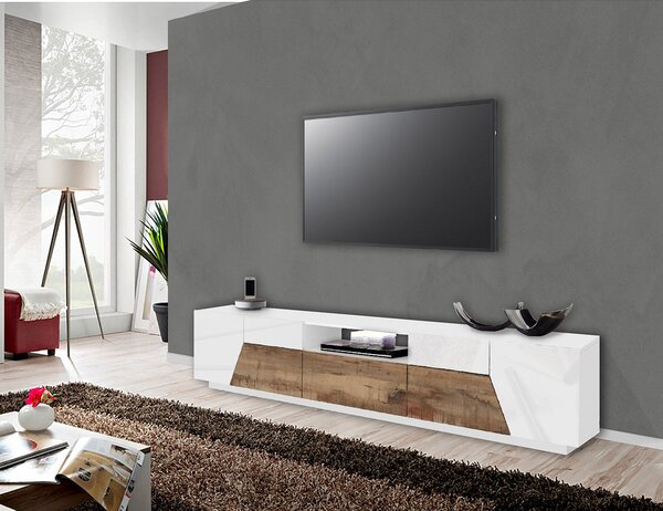 Mobile TV 4 Ante 1 Cassetto 220,1x43x46 cm Alien Bianco Lucido e Acero Pereira