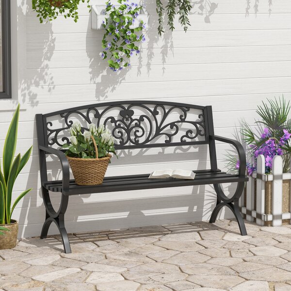 Outsunny Panchina da Giardino Esterno a 2 Posti in Metallo, Panca in Acciaio con Schienale fiorato, 127x60x85 cm, Nero | Aosom Italy