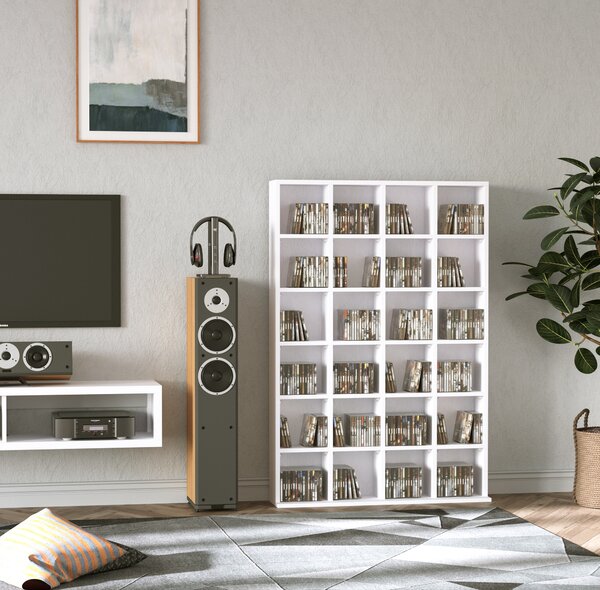 HOMCOM Mobile Libreria Porta CD e DVD con 24 Scomparti ad Altezza Regolabile, in Legno Composito Truciolato, 130.5x89x20cm, Bianco|Aosom Italy
