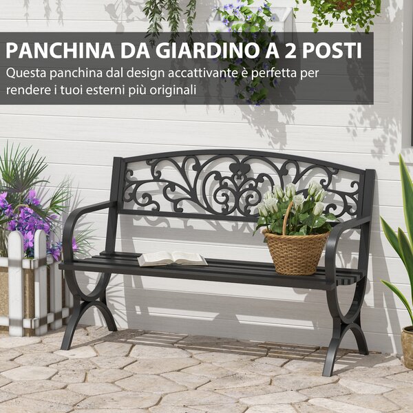Outsunny Panchina da Giardino Esterno a 2 Posti in Metallo, Panca in Acciaio con Schienale fiorato, 127x60x85 cm, Nero | Aosom Italy