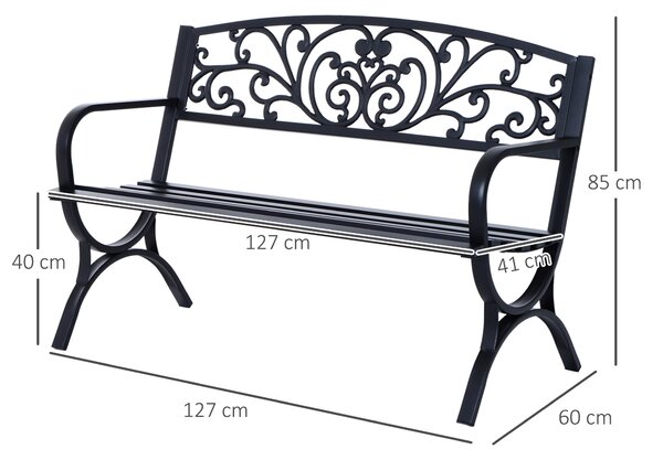 Outsunny Panchina Da Giardino In Metallo Nero - 2 Posti, 128x56x86cm, Impermeabile, Per Esterno