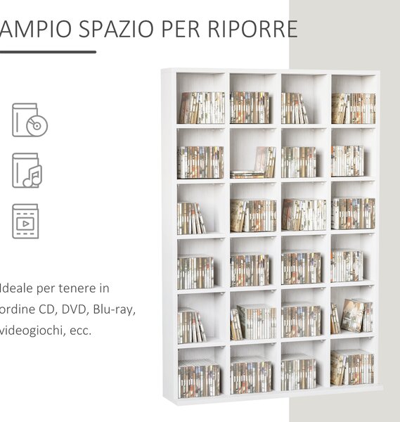 HOMCOM Mobile Libreria Porta CD e DVD con 24 Scomparti ad Altezza Regolabile, in Legno Composito Truciolato, 130.5x89x20cm, Bianco|Aosom Italy