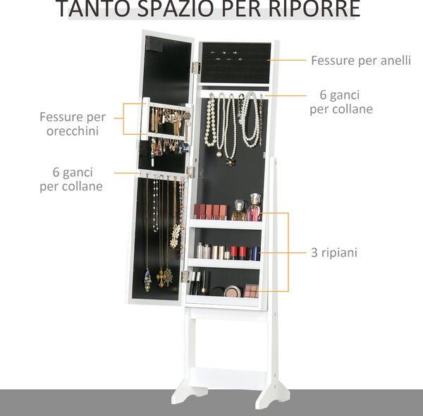 HOMCOM Armadio Portagioie Portagioielli Specchio Regolabile e Luci LED, Legno, Bianco, 36x30x136 cm|Aosom