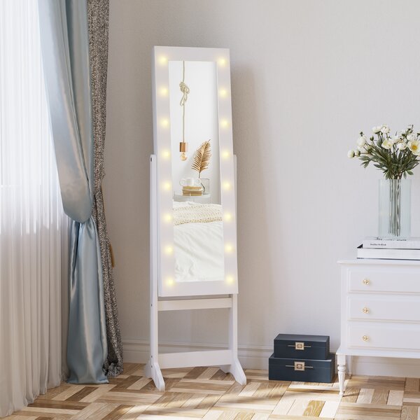 HOMCOM Armadio Portagioie Portagioielli Specchio Regolabile e Luci LED, Legno, Bianco, 36x30x136 cm|Aosom