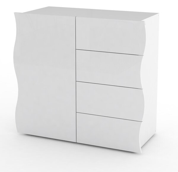 Mobile Multiuso 1 Anta 4 Cassetti 90x40x81 cm Onda Bianco Lucido