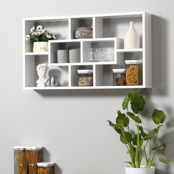 HOMCOM Libreria a Parete in Legno con 8 Scomparti di 3 Dimensioni Diverse, 85x47.5x14.5cm, Bianco, Mensola da Muro Moderna | Aosom