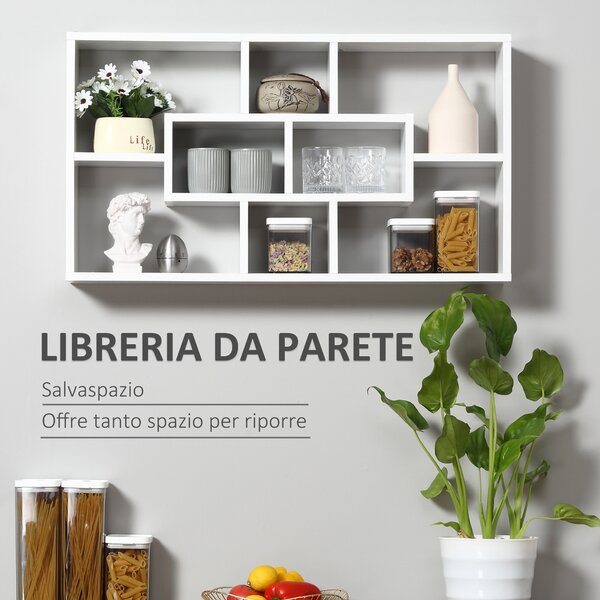 HOMCOM Libreria a Parete in Legno con 8 Scomparti di 3 Dimensioni Diverse, 85x47.5x14.5cm, Bianco, Mensola da Muro Moderna | Aosom