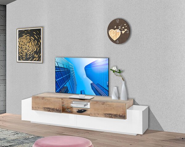 Mobile TV 4 Ante 220x40-45x51 cm New Coro Bianco Lucido e Ardesia