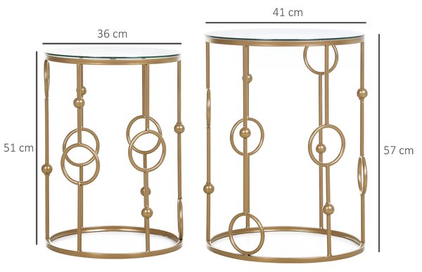 Homcom Set 2 Pezzi Tavolini da Caffè Design con Motivi a Cerchio in Metallo e Vetro Temperato|Aosom