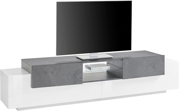 Mobile TV 4 Ante 220x40-45x51 cm New Coro Bianco Lucido e Acero Pereira