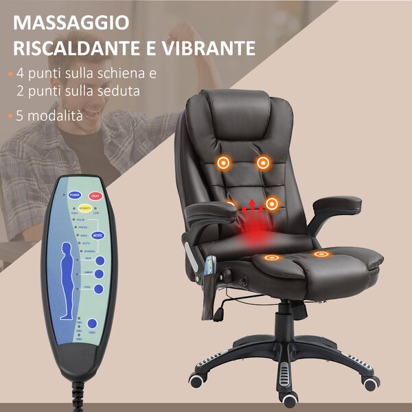 HOMCOM Poltrona Massaggianteriscaldamento ad Altezza Regolabile con 6 Punti Massaggianti, in PU, 62x68x111-121 cm, Marrone | Aosom Italy