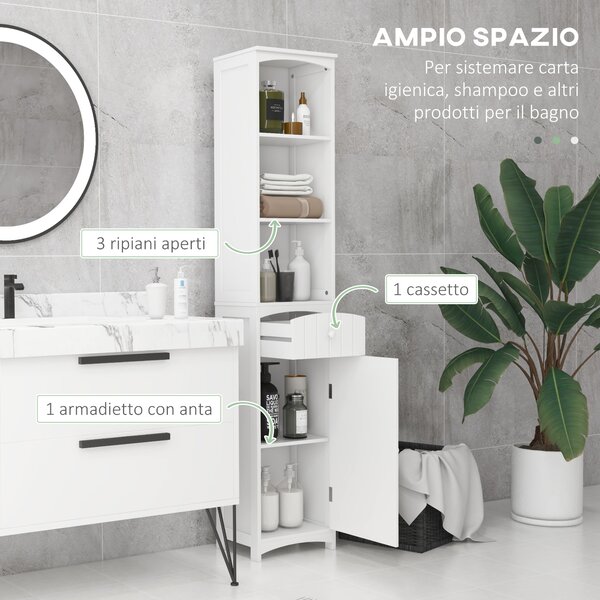 HOMCOM Mobiletto a Colonna MDF Bianco, Armadietto Multifunzione Salvaspazio per Bagno/Camera con 3 Ripiani 34x24x170cm|Aosom