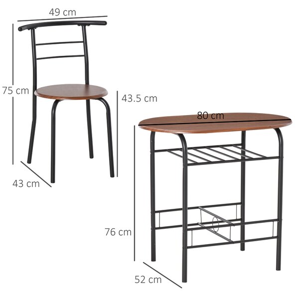 HOMCOM Set 3 Pezzi Mobili da Bar, Ristorante, Casa - 2 Sedie (38x47.5x75cm) 1 Tavolo (80x50x76cm) in Metallo e MDF|Aosom
