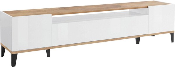 Mobile TV 2 Ante 2 Cassetti 200x40x47 cm Sunrise Bianco Lucido e Acero Pereira