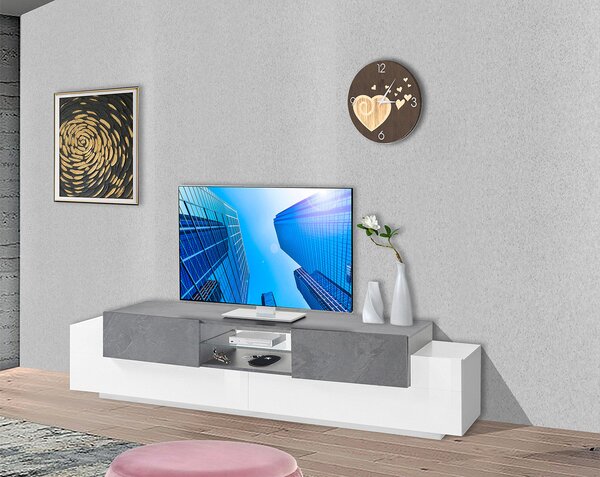 Mobile TV 4 Ante 220x40-45x51 cm New Coro Bianco Lucido e Acero Pereira