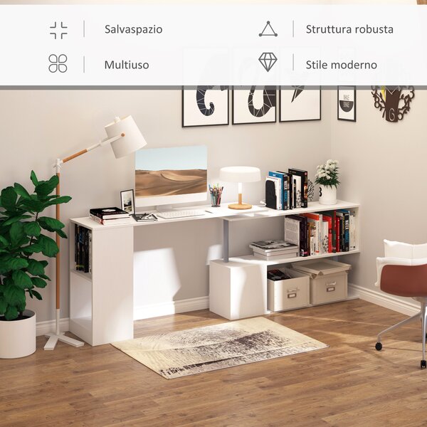 HOMCOM Scrivania Moderna, Angolare e Girevole con Libreria per PC, Camera o Ufficio, Tavolo da Pranzo in Truciolato Bianco, 140x120x78 cm|Aosom