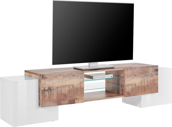 Mobile TV 4 Ante 190x35/45x45 cm Pillon Bianco Lucido e Acero Pereira