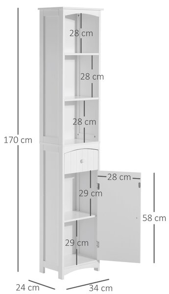 HOMCOM Mobiletto a Colonna MDF Bianco, Armadietto Multifunzione Salvaspazio per Bagno/Camera con 3 Ripiani 34x24x170cm|Aosom