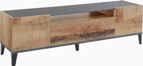Mobile TV 2 Ante 1 Cassetto 160x40x47 cm Sunrise Bianco Lucido e Acero Pereira