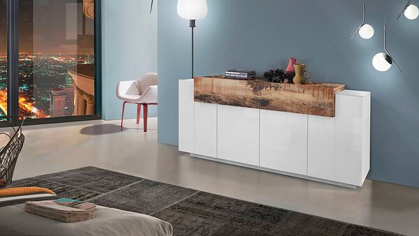 Credenza 4 Ante Battenti + 1 Anta a Ribalta 200x45x85,5 cm Coro Bianco Lucido e Acero Pereira
