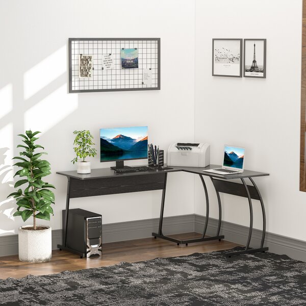 HOMCOM Scrivania Gaming Angolare in Legno e Metallo, per Casa Ufficio o Studio, Salvaspazio, 112.5 x 152 x 74cm, Nera|Aosom