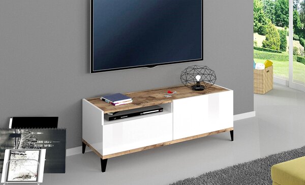Mobile TV 1 Anta 1 Cassetto 120x40x47 cm Sunrise Bianco Lucido e Acero Pereira