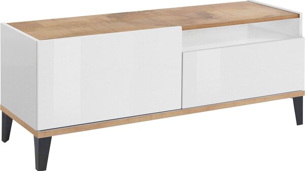 Mobile TV 1 Anta 1 Cassetto 120x40x47 cm Sunrise Bianco Lucido e Acero Pereira