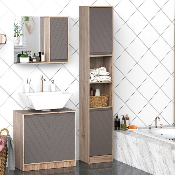 HOMCOM Mobiletto Bagno Salvaspazio con 2 Armadietti e Ripiani Regolabili, Portaoggetti Indipendente Alto a Colonna, Grigio e Rovere| Aosom Italy