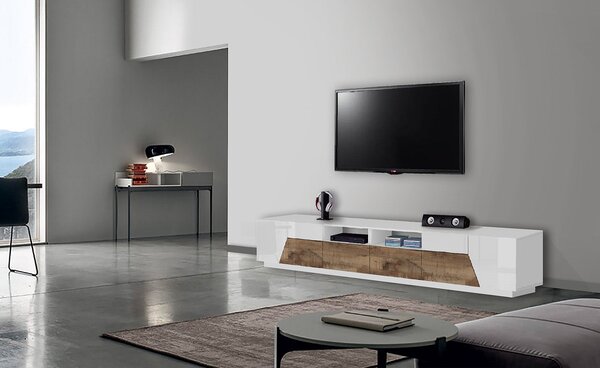 Mobile TV 4 Ante 2 Cassetti 260x43x46 cm Alien Bianco Lucido e Acero Pereira