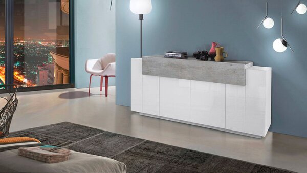 Credenza 4 Ante Battenti + 1 Anta a Ribalta 200x45x85,5 cm Coro Bianco Lucido e Cemento