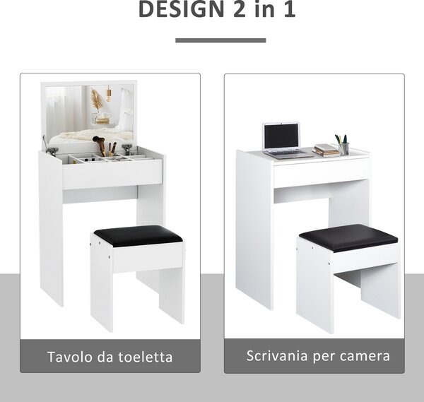 HOMCOM Tavolo da toletta con specchio retrattile sgabello contenitore 9 moderno in pannello truciolare bianco nero 60.2 x40.2 x 79cm|Aosom