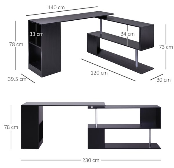 HOMCOM Scrivania Angolare e Salvaspazio per Computer, Tavolo da Pranzo in Legno Nero per Casa o Ufficio, Girevole a 360°, 140x120x78 cm|Aosom