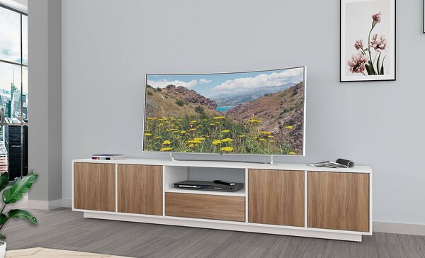Mobile TV 4 Ante 1 Cassetto 220,1x41,5x46 cm Bloom Bianco Lucido e Noce