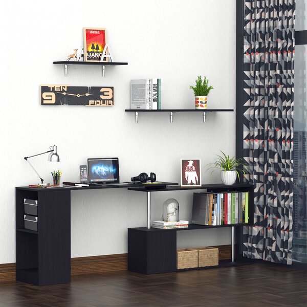 HOMCOM Scrivania Angolare e Salvaspazio per Computer, Tavolo da Pranzo in Legno Nero per Casa o Ufficio, Girevole a 360°, 140x120x78 cm|Aosom