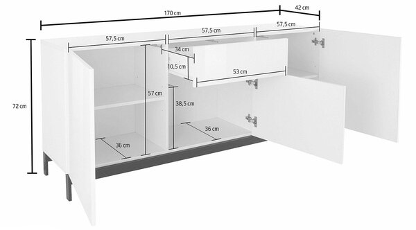 Credenza con piedi 3 Ante + 1 cassetto 170x40x73 cm Metis Antracite Lucido