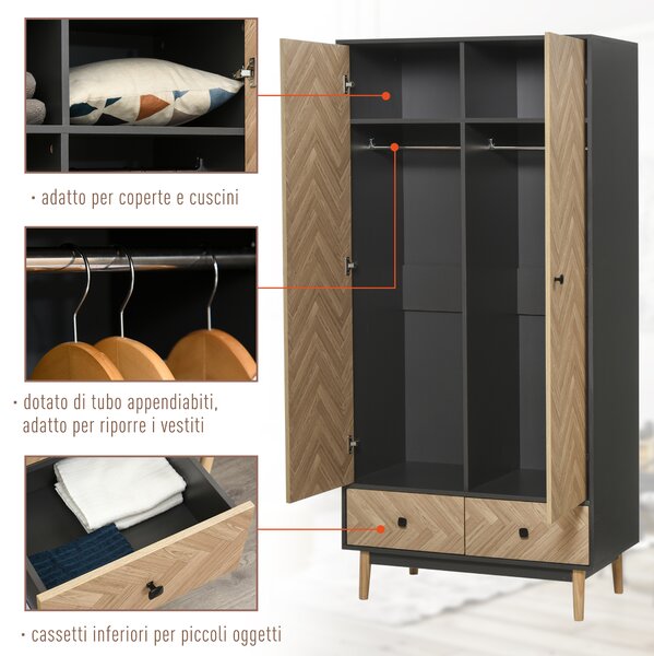 HOMCOM Armadio Moderno a Due Ante in Legno con 4 Vani, 2 Appendiabiti e Cassetti, 90x50x190cm, Grigio Scuro | Aosom Italy