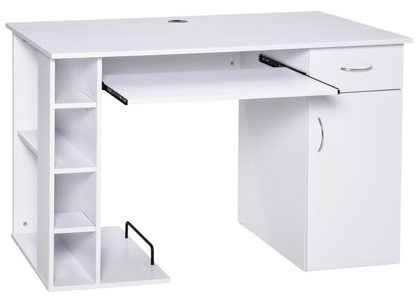 HOMCOM Scrivania per PC Ergonomica con Mensole, Armadietto, Cassetto e Piano Tastiera Estraibile, Bianca, 120x60x74cm|Aosom