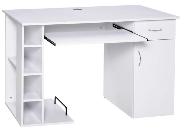 HOMCOM Scrivania per PC Ergonomica con Mensole, Armadietto, Cassetto e Piano Tastiera Estraibile, 120x60x74 cm, Bianca | Aosom Italy