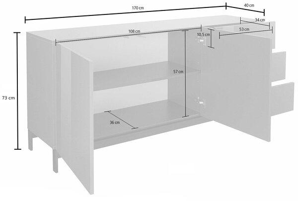 Credenza con piedi 2 Ante + 3 Cassetti 170x40x73 cm Metis Bianco Lucido