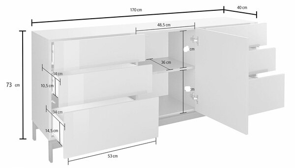 Credenza con piedi 1 Anta + 6 Cassetti 170x40x73 cm Metis Bianco Lucido