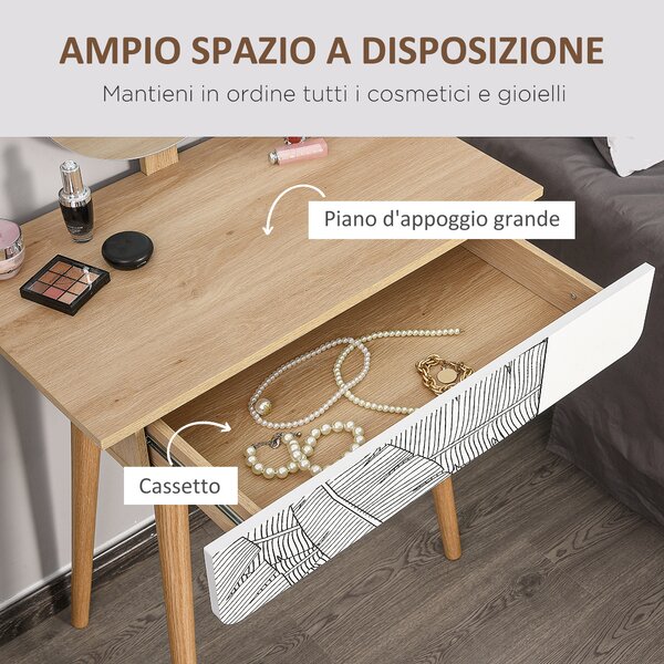 HOMCOM Tavolo da Trucco con specchio, ampio cassetto, gambe in legno, rovere e bianco, 70 x 39 x 120cm|Aosom