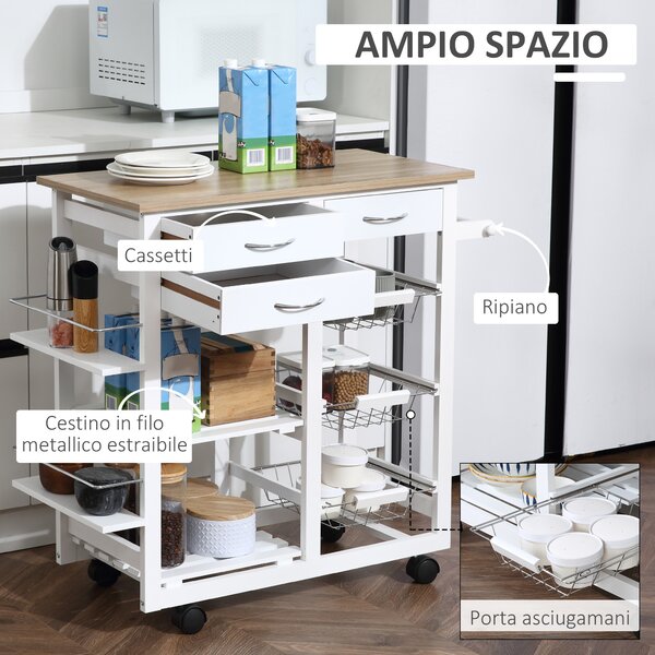 HOMCOM Carrello Cucina salvaspazio. Carrello Portafrutta bianco: 3 cassetti, 3 cestelli, 2 portaspezie, 2 ripianie e 4 ruote, 92 x 37 x 82cm|Aosom