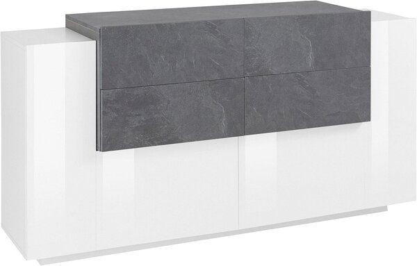 Credenza 2 Ante Battenti e 4 Cassetti 160x86x45 cm New Coro Bianco Lucido e Ardesia