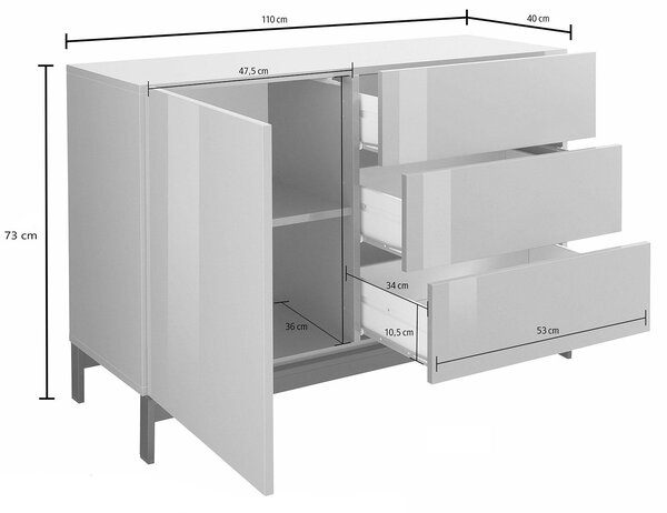 Credenza con piedi 1 Anta + 3 Cassetti 110x40x73 cm Metis Bianco Lucido