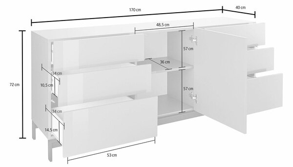 Credenza con piedi 1 Anta + 6 Cassetti 170x40x73 cm Metis Antracite Lucido